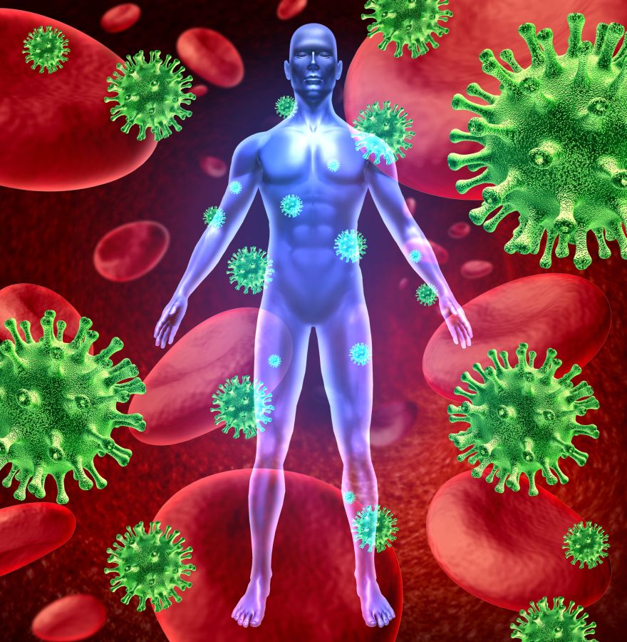 10743746 - human virus disease represented by a human with red blood cells and green virus cells attacking a healthy patient who needs medical treatment using hospital medicine to kill the intruding bugs.